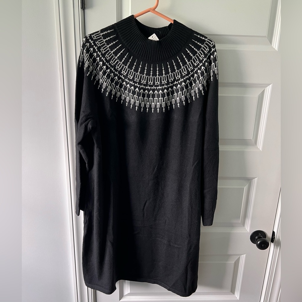 Talbots Knit Sweater Dress Women XLP petite Black With White High Neck NWT